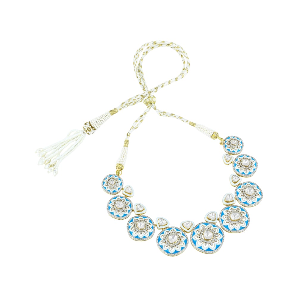 Blue Enamel Polki Necklace with Flower Motifs & Diamond Halos